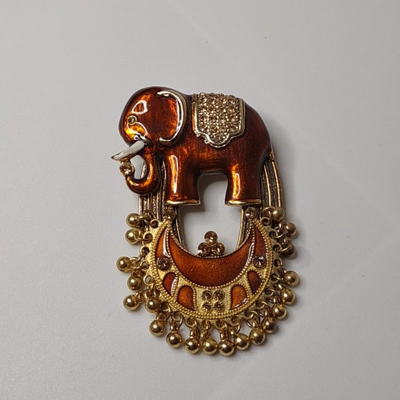 Gold Tone And Orange Dangling Bead Lucky Elephant Brooch - Picture 2 of 16